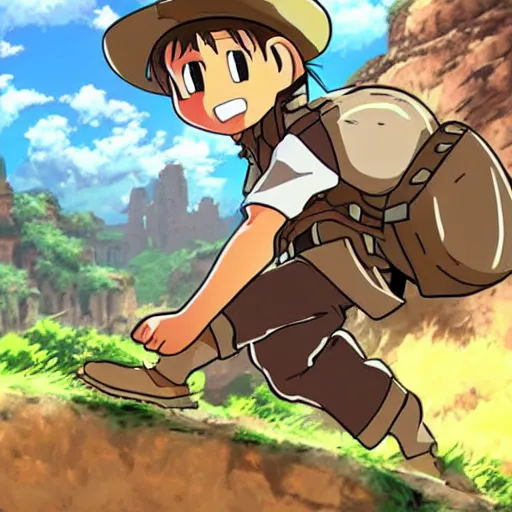 Image similar to Indiana Jones running away from boulder trap, rolling boulder, raiders of the lost ark, made in abyss anime style