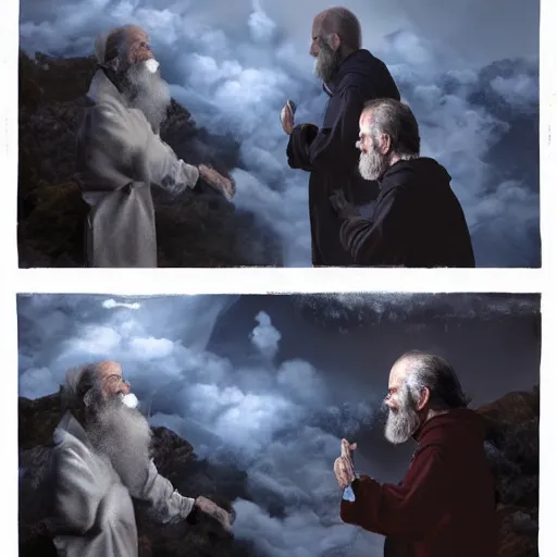 Prompt: robin williams talking with george carlin in heaven, white beard, blue eyes, white robe, clouds, heaven, intricate, detailed, volumetric lighting, scenery, digital painting, highly detailed, artstation, sharp focus, illustration, concept art, ruan jia, steve mccurry