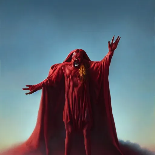 Image similar to realistic painting of a huge bloody satanic figure flying in the sky by michael whelan, ultra realistic, 8 k, streched and creepy painting. trending on, octane renderer, mesmerizing, aesthetic, beautiful