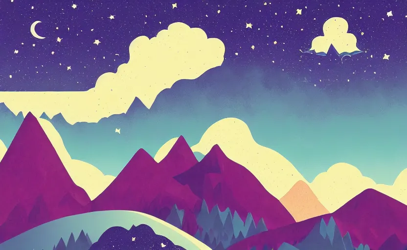 Image similar to mountains, stars and paisley filled sky, artstation, intricate, highly detailed, digital painting, concept art, sharp focus, illustration by Tom Whalen and James Gilleard