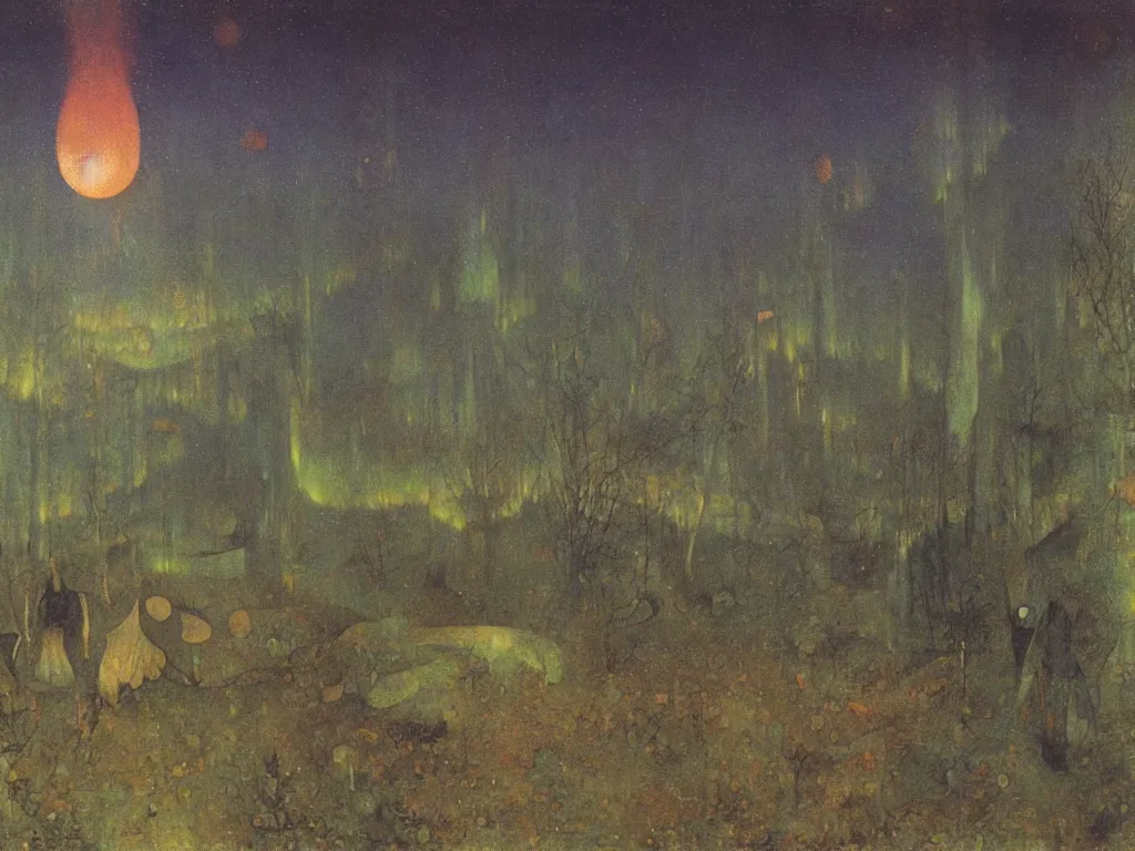Image similar to painting by mikalojus konstantinas ciurlionis, bosch, arnold bocklin. island of the dead, aurora borealis