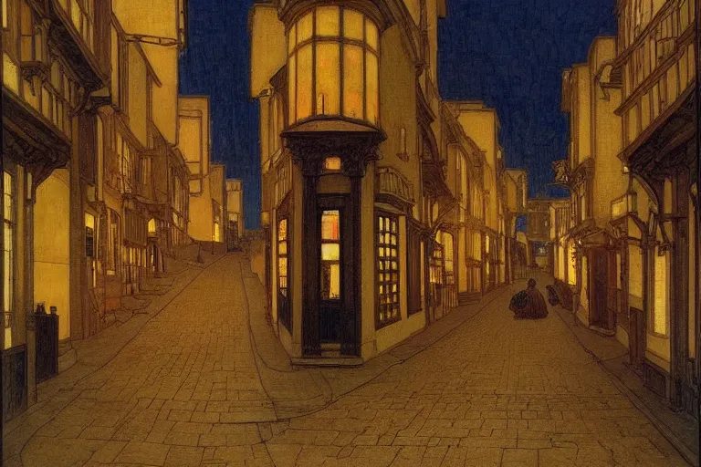 Prompt: winding street at midnight in a very old very beautiful city by ford madox brown and Nicholas Roerich and jean delville, glowing paper lanterns, strong dramatic cinematic lighting , ornate tiled architecture, lost civilizations, smooth, sharp focus, extremely detailed