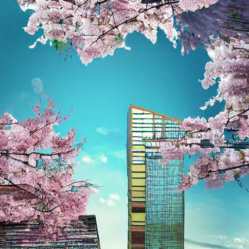 Prompt: cherry blossoms wrapping around a tall sky rise building in an abandoned city, digital art highly detailed, award winning