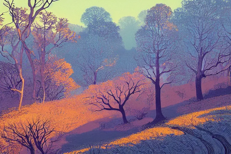 Prompt: masterpiece painting of oak trees on a hillside overlooking a creek, dramatic lighting, by victo ngai