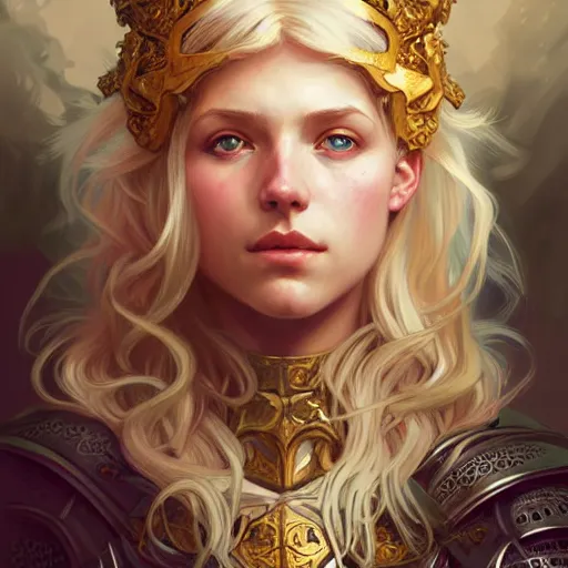 Image similar to Portrait of a girl with blonde wavy hair wearing a heavy knight armor, face, fantasy, intricate, elegant, highly detailed, digital painting, artstation, concept art, smooth, sharp focus, illustration, art by Wei Fan and Fernanda Suarez and Artem Demura and alphonse mucha