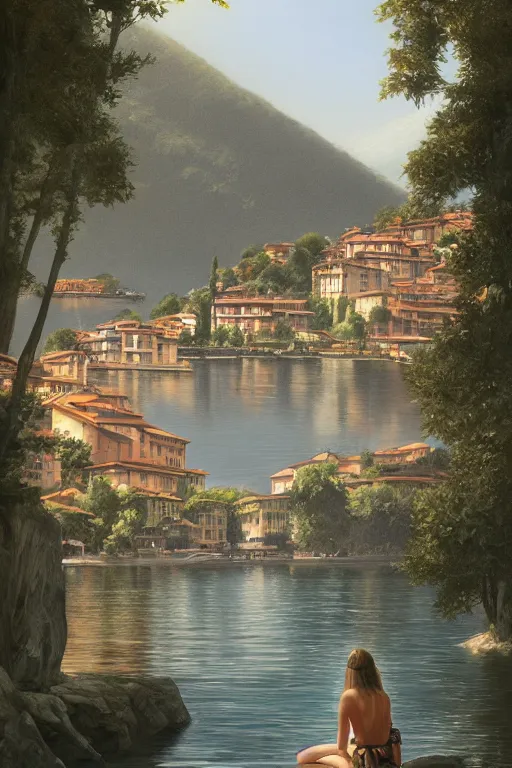 Image similar to Lake Como, elegant, digital painting, highly detailed, artstation, concept art, smooth, sharp focus, illustration, art by artgerm and greg rutkowski.