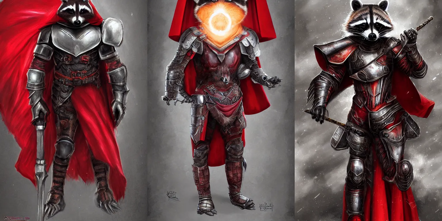 Prompt: Full-length portrait of a raccoon humanoid wearing heavy armor. Iron armor, red cape, clothing. Head and shoulders. Dark fantasy, digital art, HD, detailed.