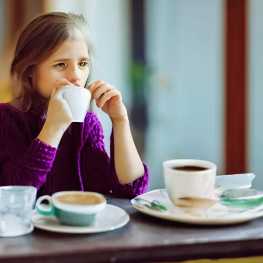 Prompt: bored girl drinking coffee across the table