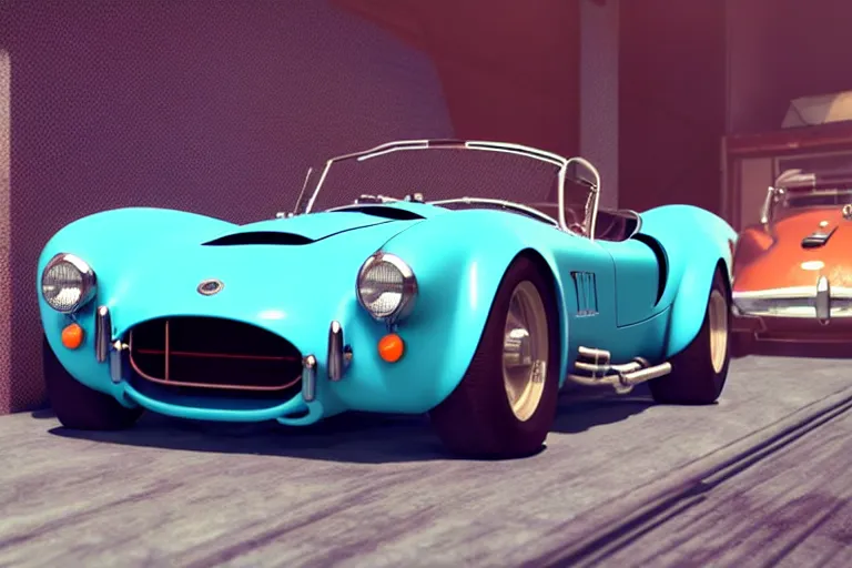 Prompt: a wholesome animation key shot of!! one!! focused!! ac cobra!!, pale blue with orange stripe, gulf colours, in las vegas street, medium shot, studio ghibli, pixar and disney animation, sharp, very detailed, high resolution, rendered in unreal engine 5, anime key art by greg rutkowski, bloom, dramatic lighting