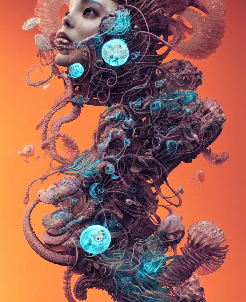 Image similar to goddess close-up portrait ram skull, thorax, x-ray, backbone, jellyfish phoenix head, nautilus, orchid, skull, betta fish, bioluminiscent creatures, intricate artwork by Tooth Wu and wlop and beeple. octane render, trending on artstation, greg rutkowski very coherent symmetrical artwork. cinematic, hyper realism, high detail, octane render, 8k