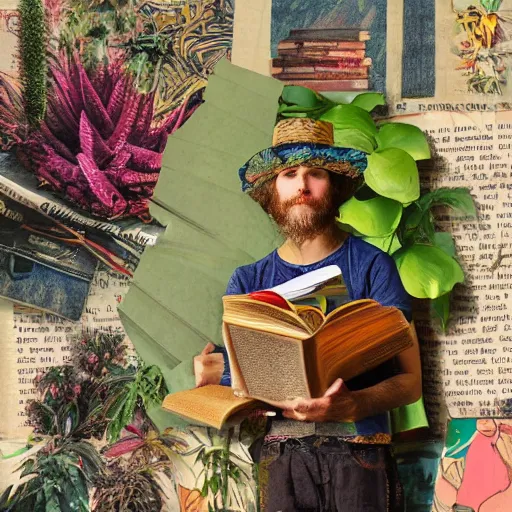 Prompt: HD 8x mixed media collage portrait of a man with a maximalist hat made of plants, reading a book to a child