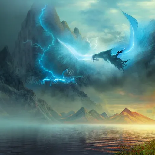 Prompt: flying blue lightning dragon, misty fog, big lake with mountains in background, forest, thunder and lightning, dungeons and dragons, highly detailed, digital illustration - 4