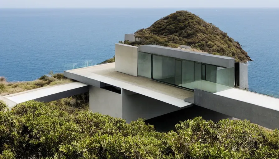 Image similar to modern house perched on a cliff overlooking a magnificient bay, drawing architecture, pritzker architecture prize, greig fraser