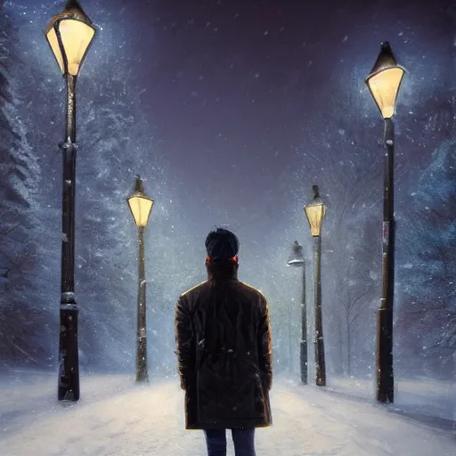 Image similar to beautiful snow - covered victor tsoi korean young man from back pacing in alley with street lamps in park with pines, dressed in leather jacket, night, 1 9 8 0 s mullet haircut, half - length portrait, perfect symmetrical eyes, cinematic by peter mohrbacher, detailed, hyperrealism, igla, volumetric lighting