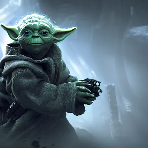 Image similar to Yoda in gears of war, splash art, movie still, detailed face, cinematic lighting, dramatic, octane render, long lens, shallow depth of field, bokeh, anamorphic lens flare, 8k, hyper detailed, 35mm film grain