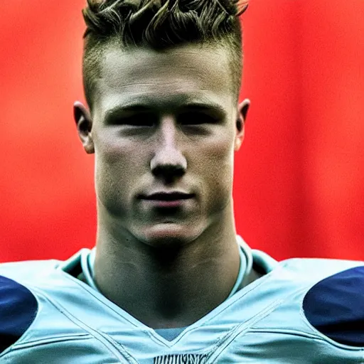 Image similar to “ a realistic detailed photo of a guy who is an attractive humanoid who is half robot and half humanoid, who is a male android, football player christian mccaffrey, shiny skin, posing like a statue, blank stare, on the field, on display ”