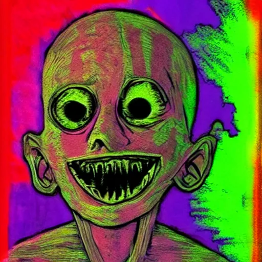 Image similar to horrifying creepypasta image, high contrast, saturated colors, creepy eyes and smile