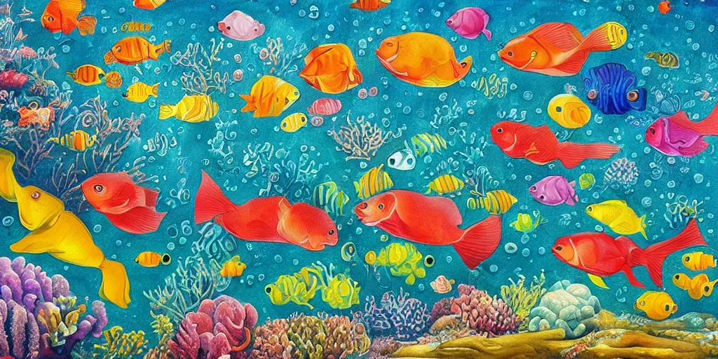 Image similar to a beautiful painting of an elaborate underwater scene painted by bosch and lisa frank, detailed