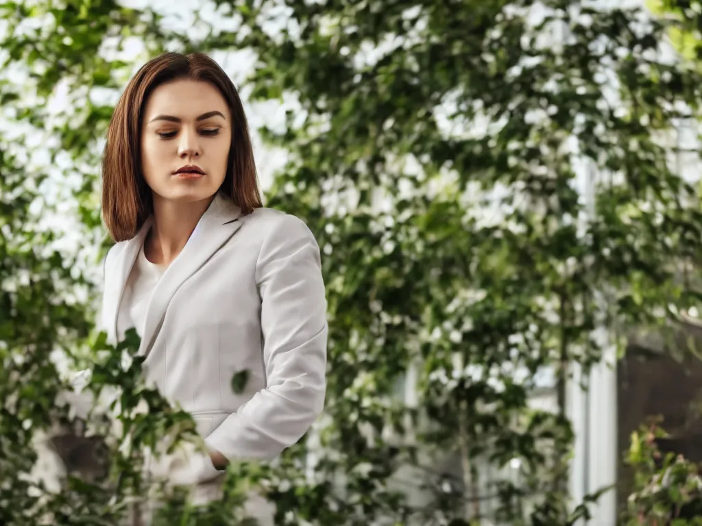 Prompt: woman thinking deeply, close up, head tilted wearing office suit, portrait pose beside window, green foliage in background, bokeh, backlighting, stock photo, 4k, octane render, photorealistic