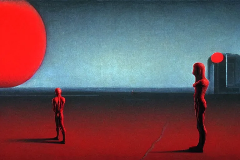 Prompt: only with red, red god of death eat apple, a futuristic city on mars in the background, floor is red worms, in the style of beksinski, part by hopper, part by rodcenko, part by hofbauer, intricate composition, red by caravaggio, insanely quality, highly detailed, masterpiece, red light, artstation, 8 k