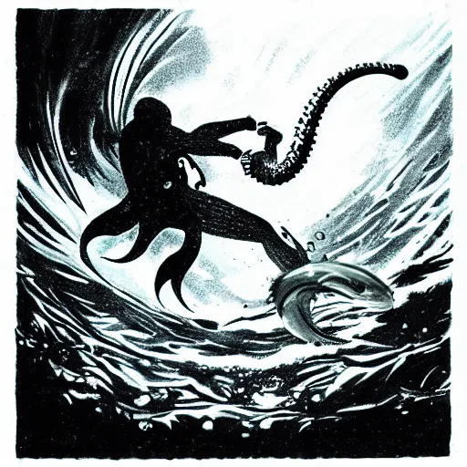 Image similar to old drawing of a scuba diver fighting against a kraken underwater, under water scenery, dramatic lighting, intense, epic, drawing
