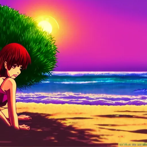 Image similar to girl laying in the sand next to ocean in sunset, sprite, vaporwave nostalgia, visual novel cg, 8 0 s anime vibe, kimagure orange road, yu - no, initial d, drawn by by commodore 6 4, wallpaper, ultra hd, vlc screenshot