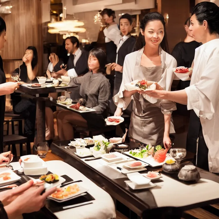 Image similar to a woman asking a waiter for a sushi inside of a luxurious 5 star sushi restaurant, theres a line of people in the womans back waiting for an order too