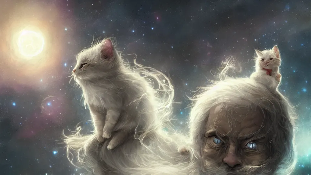 Prompt: a single cartoonish kitten dressed as Gandalf floating in space, bright stars, anime, a fantasy digital painting by Greg Rutkowski and James Gurney, trending on Artstation, highly detailed