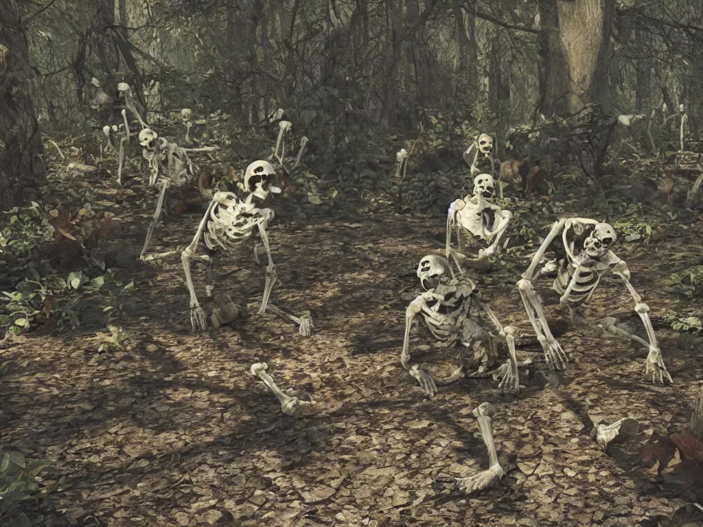 Image similar to frightened screaming human skeletons on amateur home video being attacked by raccoons at night in a dark forest at night, photorealistic amateur photography low camera angle, unreal engine 5 render