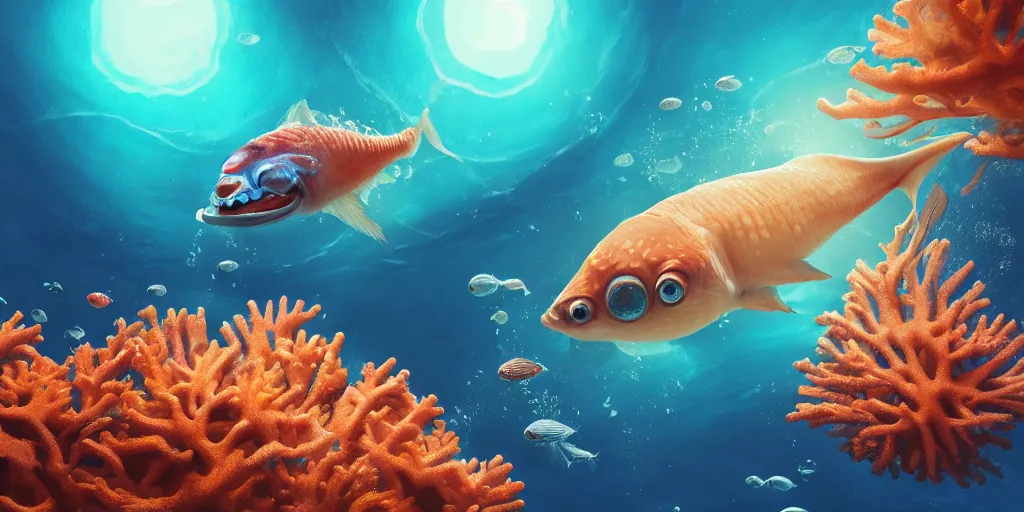 Image similar to photo of an extremely cute alien fish swimming an alien habitable underwater planet, coral reefs, dream-like atmosphere, water, plants, peaceful, serenity, calm ocean, tansparent water, reefs, fish, coral, inner peace, awareness, silence, nature, evolution, wide angle, super highly detailed, professional digital painting, artstation, concept art, smooth, sharp focus, no blur, no dof, extreme illustration, Unreal Engine 5, Photorealism, HD quality, 8k resolution, cinema 4d, 3D, beautiful, cinematic, art by artgerm and greg rutkowski and alphonse mucha and loish and WLOP