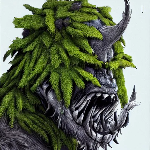 Image similar to A fierce plant monster, highly detailed, digital art, sharp focus, trending on art station, leaves, moss, ferns, ape