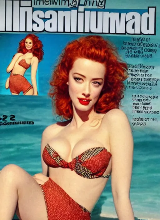 Image similar to christina hendricks and amber heard hybrid on the cover of swimsuit illustrated 1 9 8 0, vintage print