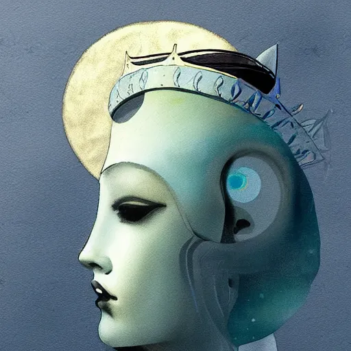 Prompt: Artemixel, the modern reincarnation of the old selenium god of hunt and moon, also known as Artemis the Selene, carrying the Crown of the Crescent Moon, wich has a bright and slightly bluish crescent like the brightness of the night. Portrait by Nicola Samuri