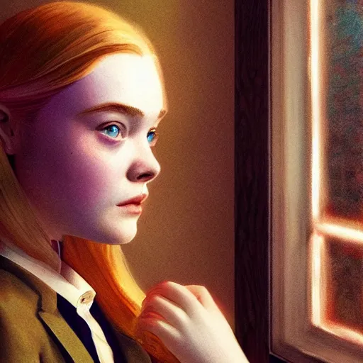 Image similar to Elle Fanning, head and shoulders masterpiece, apocalypse, golden hour, cosmic horror, artstation, in the style of Christina’s World and Edward Hopper and Bosch, extremely detailed