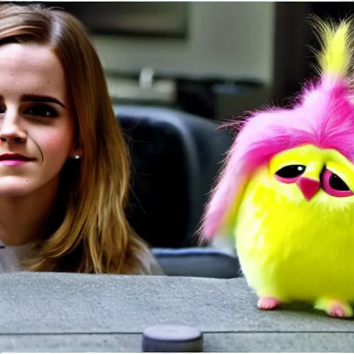 Image similar to Emma Watson stuffing Furby into blender
