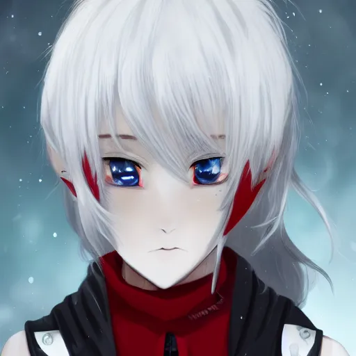 Image similar to white hair, red eyes, two small horn on the head, anime style, anime girl