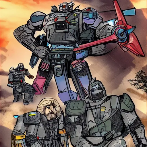 Image similar to GI Joe and Transformers mixed into a dream storybook illustration