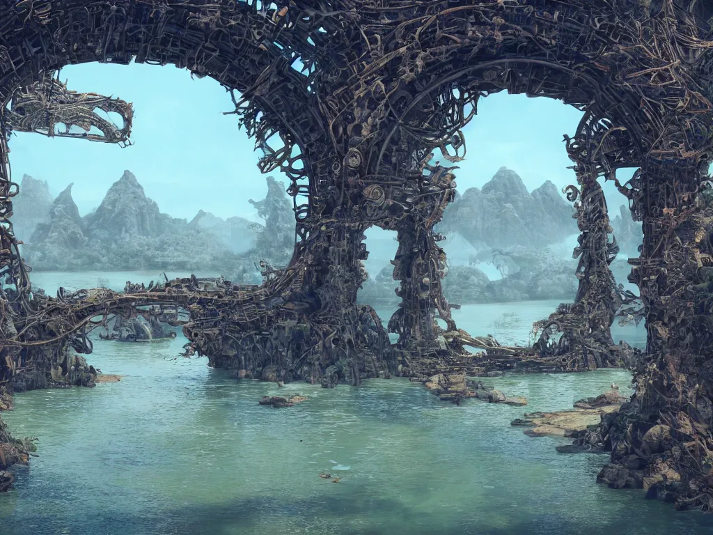 Prompt: an intricate concept art of a large structure tribal gate in a lagoon, artstation, sci - fi, hyper realistic, concept art, art by dylan cole, cinematic lighting, octane render