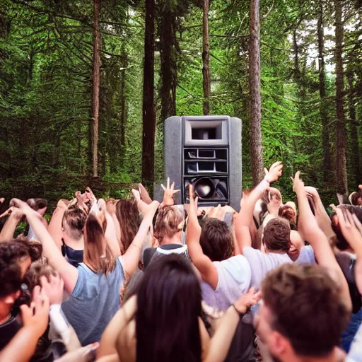 Image similar to group of friends raving outside a woodland cabin, big speaker stack, club lighting