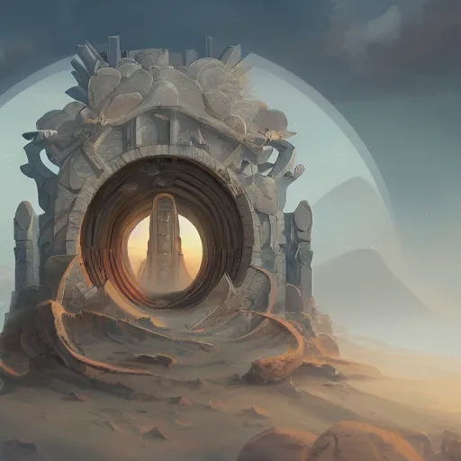 Prompt: highly detailed peter mohrbacher illustration of a stargate made of stone that forms a circle, cinematic view, epic sky, octane render 8k hq trending on artstation cgsociety
