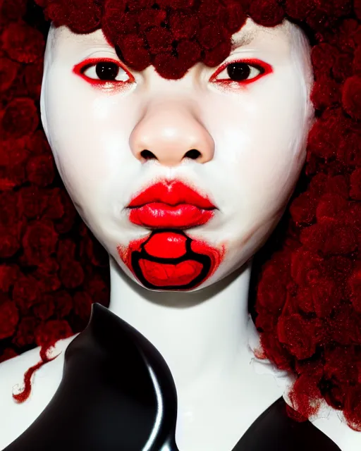 Prompt: symmetrical close - up portrait of a black woman wearing red silicone embroidered beauty mask and hair buns, wearing a black bodysuit by alexander mcqueen, cream white background, soft light, biotechnology, humanoide robot, bjork aesthetic, translucent, by rineke dijkstra, intricate details, highly detailed, masterpiece,