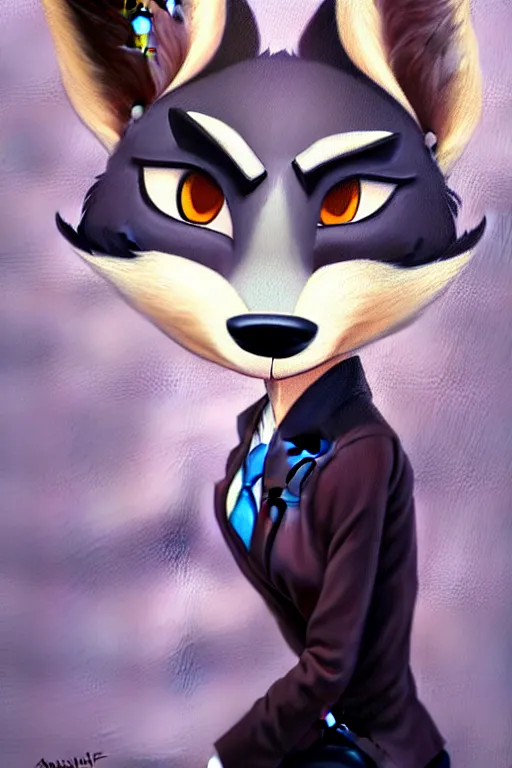 Image similar to oil painting of anthromorphic female wolf, in style of zootopia, female fursona, furry, furaffinity, 4 k, deviantart, furry art, fursona art, wearing black business suit, business suit, wolf fursona, female, smug expression,