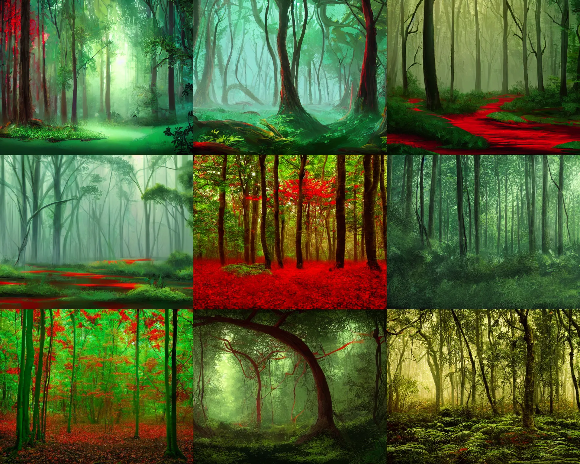 Prompt: beautiful forest in a humid subtropical climate, green teal and red color scheme, award winning concept art, trending on artstation