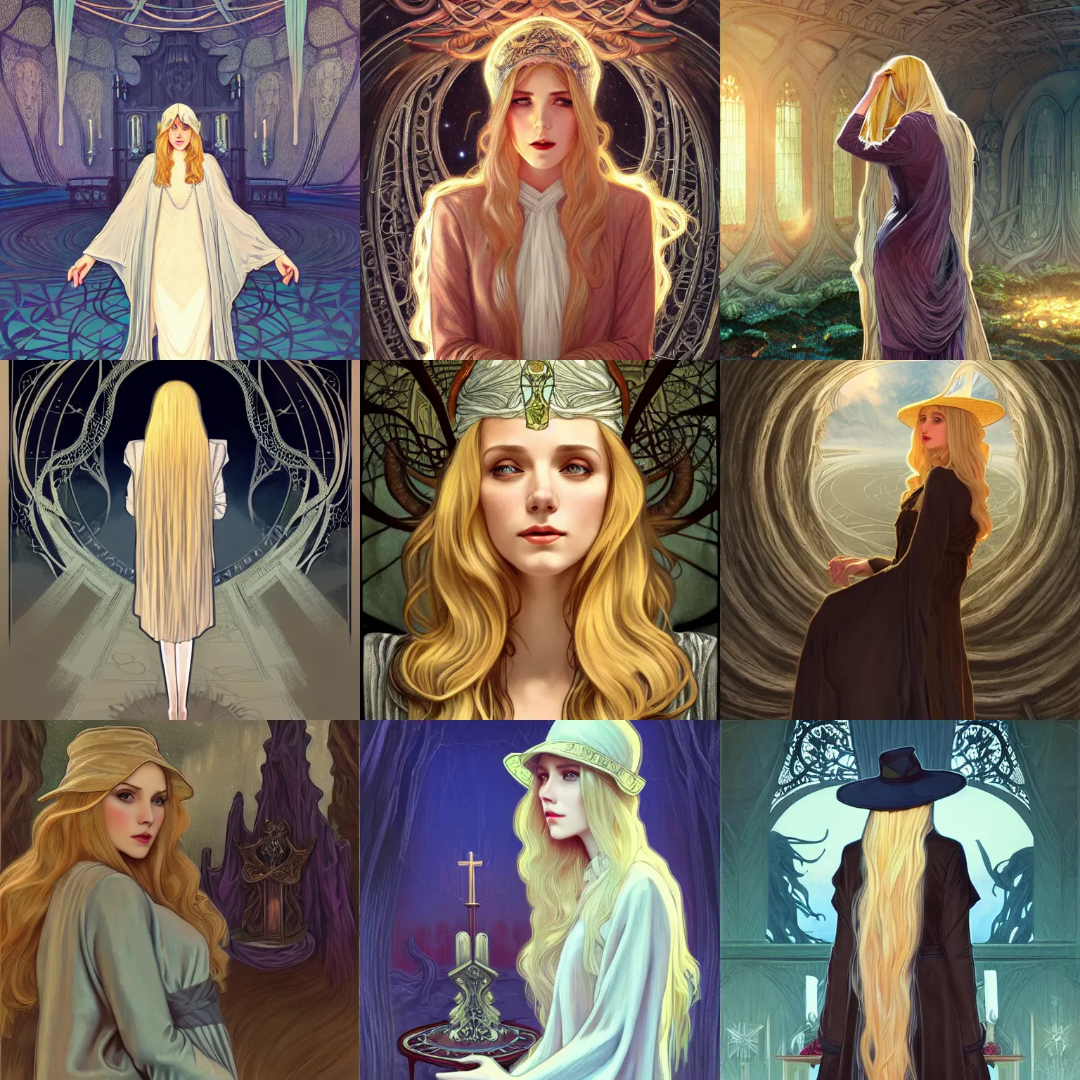 Prompt: a gorgeous woman with long light-blonde hair under hat and wearing a jacket with road dress, standing on the altar of carcosa in another world, distance view, 1920 style, lovecraft horror, highly detailed, digital painting, artstation, sharp focus, illustration, art by artgerm and alphonse mucha