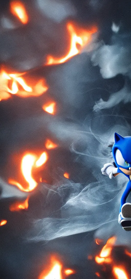 Image similar to Dark gray and blue smoke in the shape of Sonic the hedgehog, coming from a burning SEGA dreamcast. Dramatic shot, cinematic, epic lighting, low angle medium shot, 35mm