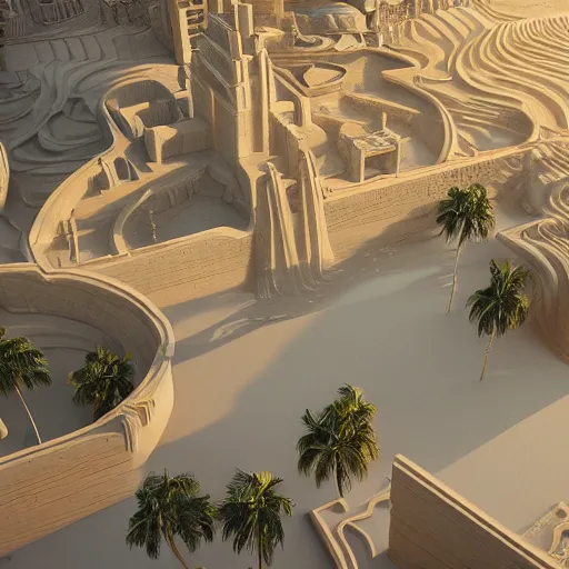 Image similar to cover concept art of the lost sand city, levitating sand, golden towers, golden pillars, palm trees, space and time, floating objects, post-processing, in the style of Hugh Ferriss, Behance, Artgerm. High detail, ultra realistic render, octane, 3D, photorealism, symmetric, cinematic