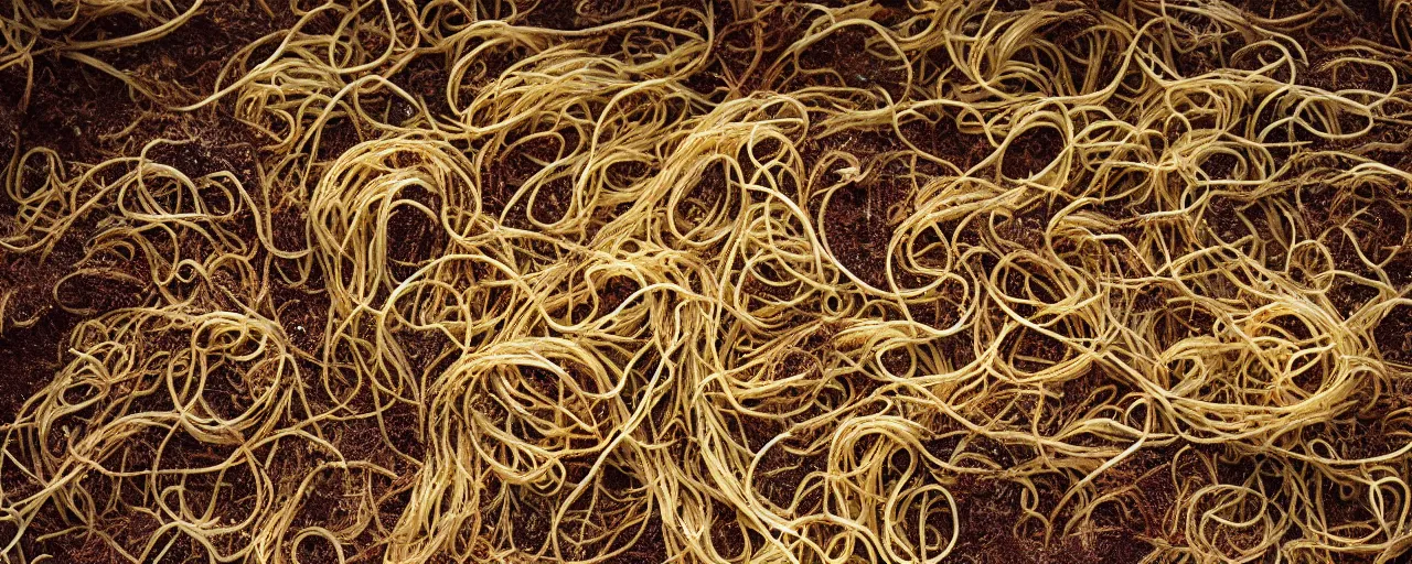 Image similar to spaghettis as mycelium, under the dirt, fine detail, canon 5 0 mm, in the style wes anderson, kodachrome