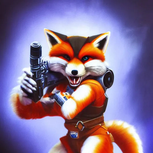 Image similar to a portrait of fox mccloud firing a blaster, anthropomorphic furry art, star fox, heroic close up, action, imax, 8 k, by jim burns