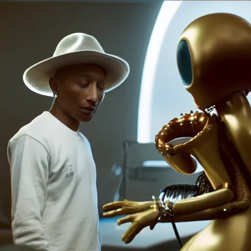 Image similar to cinematic film still of Pharrell Williams Making A Beat with an anthropomorphic alien, Japanese VFX, 2018, 400mm lens, f1.8, shallow depth of field,film photography