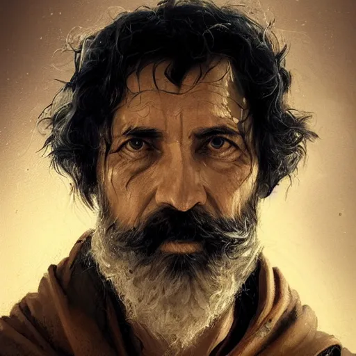 Image similar to portrait of a man by Greg Rutkowski, a Jedi Master in his 60s, Arab features and olive skin, long black hair and beard, wise appearance, orange robes, Star Wars Expanded Universe, he is about 60 years old, highly detailed portrait, digital painting, artstation, concept art, smooth, sharp foccus ilustration, Artstation HQ